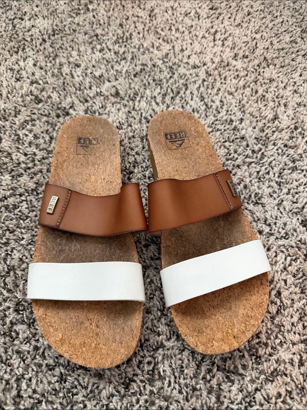 Reef Brown and White Double Strap Cork Slide Sandals